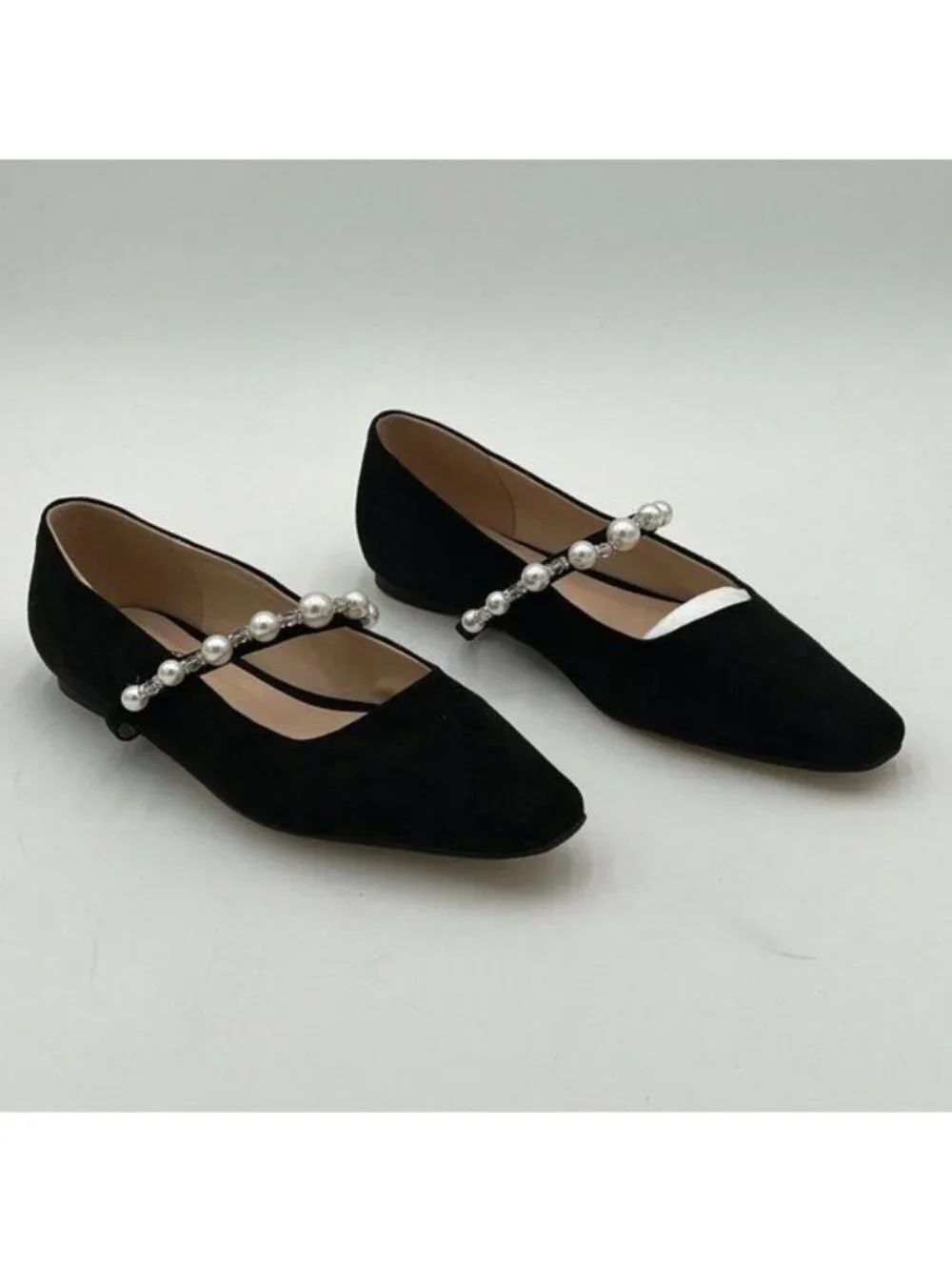FOWT Black Square Toe Slip on Flats Pearl Studded Strap Pumps Wedding Shoes